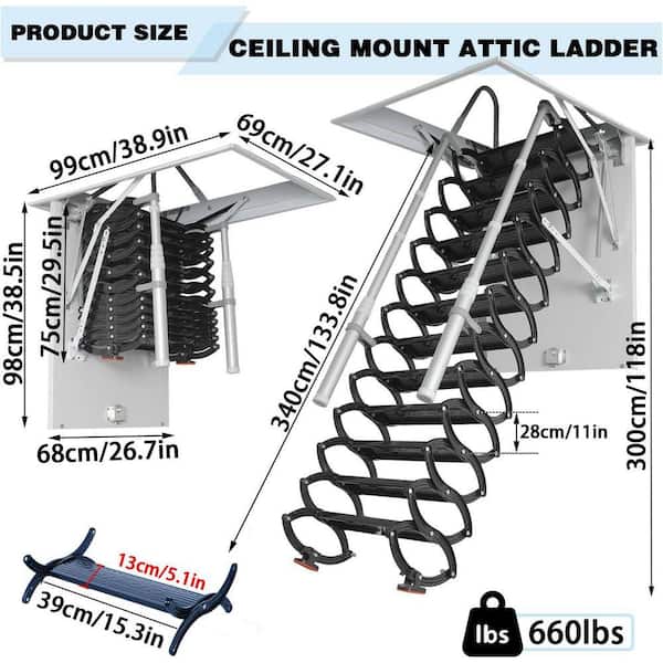 Justincity 12 Steps Ceiling Mounted Attic Ladder Retractable Pull Down Telescopic Loft Stairs with Handrail 1 Piece