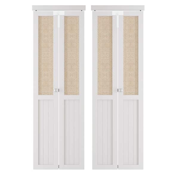 60 in. x 80 in. Half Cane Webbing & Wood Half Solid Core White PVC Covering MDF Bi-fold Door with Locks and Handles
