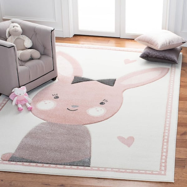 Carousel Kids 2 ft. x 3 ft. Ivory/Pink Border Solid Color Area Rug