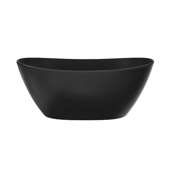 61.02 in. x 31.50 in. Flat Bottom Solid Surface Freestanding Soaking Bathtub with Center Drain in Matte Black