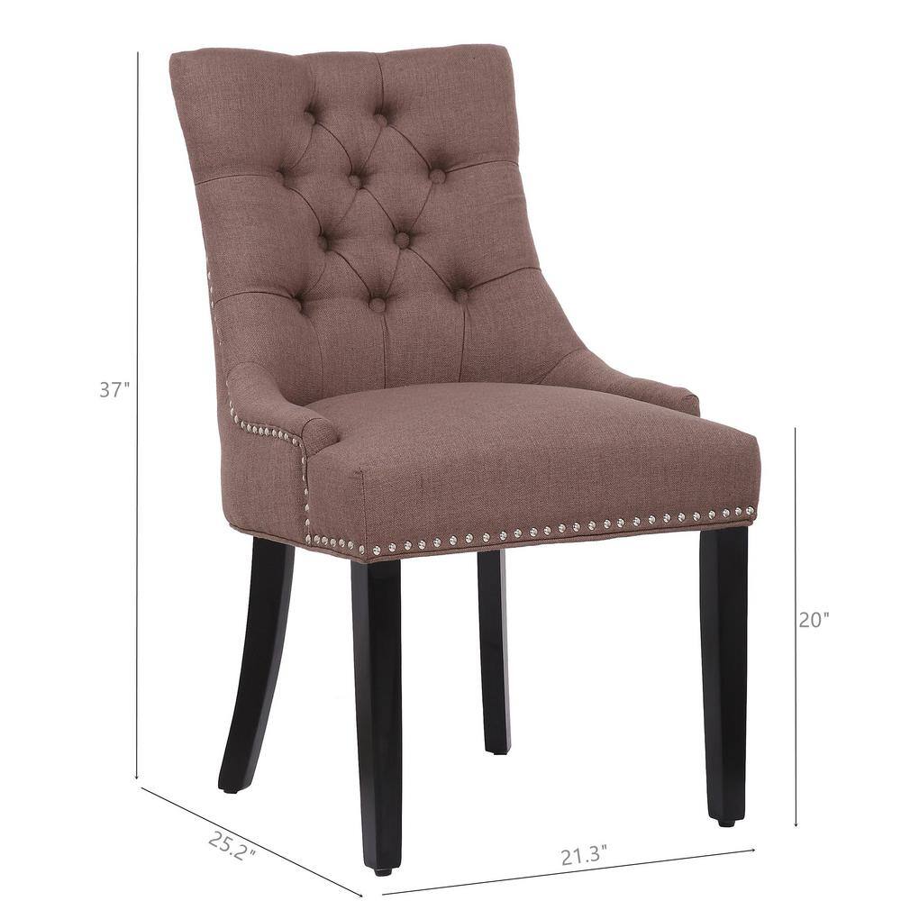 Brown Linen Upholstered Tufted Side Chair with Wood Legs