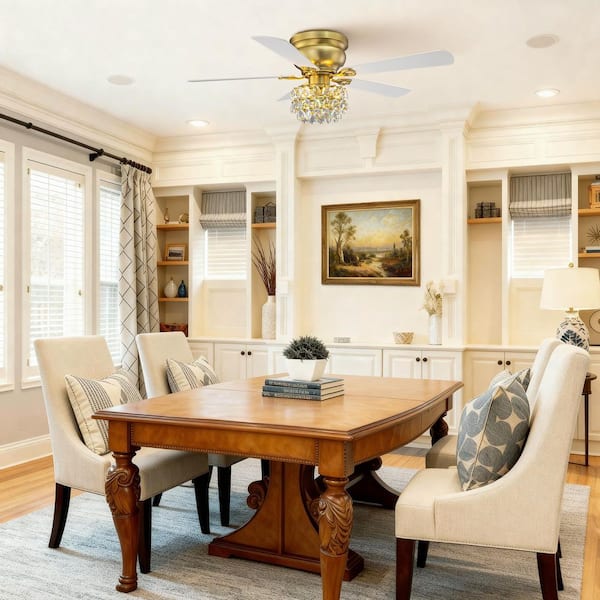 48 in. Satin Brass Flush Mount Standard Ceiling Fan with Lights and Remote Control Included