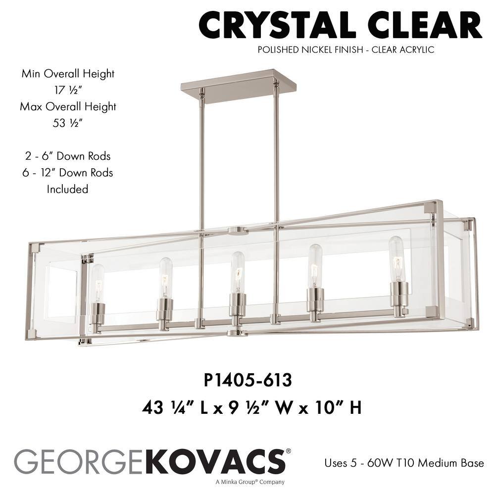 Crystal Clear Polished Nickel 5-Light Island Pendant with Acrylic Shade