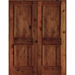 56 in. x 80 in. Rustic Knotty Alder 2-Panel Universal/Reversible Red Chestnut Stain Wood Double Prehung Interior Door