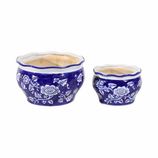 6 in. and 8 in. Blue Ceramic Round Chinoisere Planters Decorative Pots (Set of 2)
