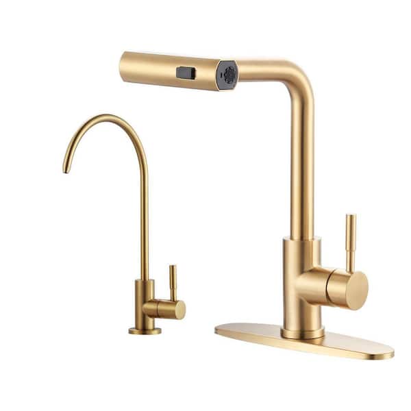 15.7 in Single Handle Pull Out 360 Degree Spout Swivel Kitchen Faucet with Water FilterFaucet Stainless Steel in Gold