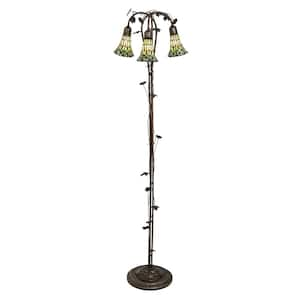 Pond Lily 58 in. Mahogany Bronze Victorian 3-Light Dimmable Arc Floor Lamp with Stained Glass Cone Shade