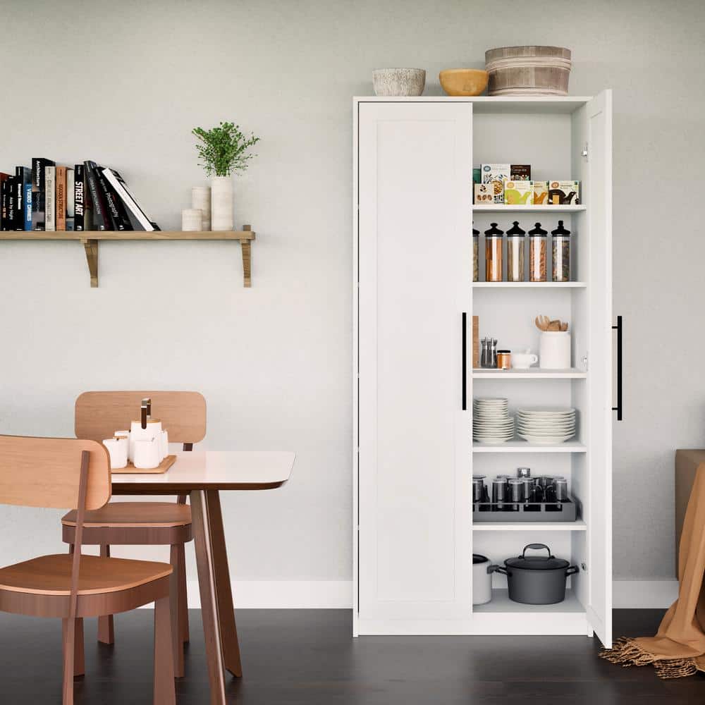 Elite White Tall Storage Cabinet with Adjustable Shelves