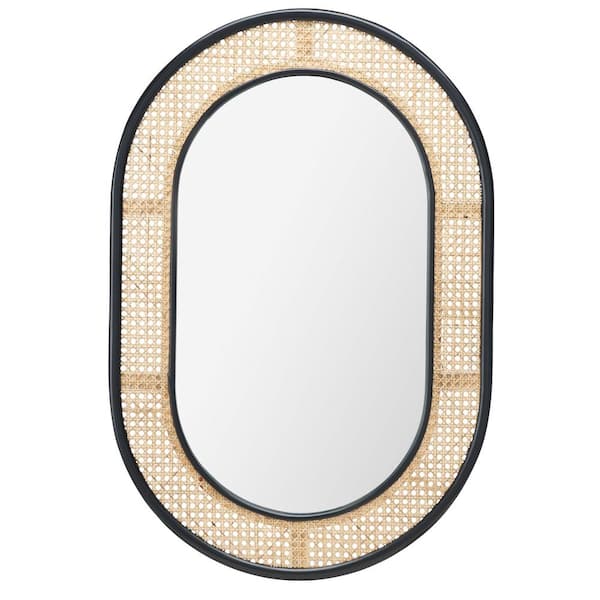 SAFAVIEH Cayce 23.7 in. W x 35.5 in. H Wood Oval Modern Black/Natural Mirror