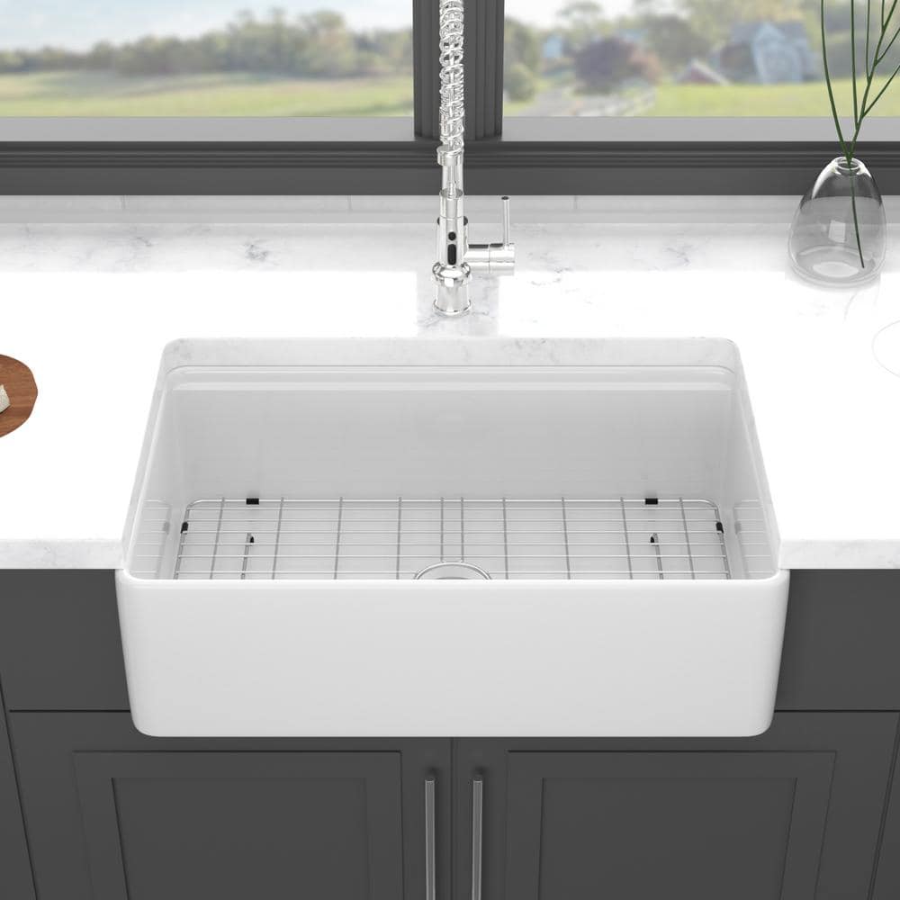 33x20 Inch Glossy White Ceramic Farmhouse Single Bowl Kitchen Sink