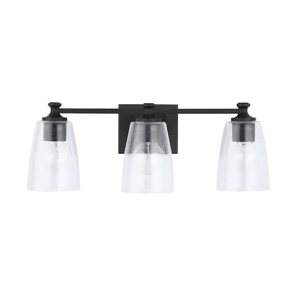 HOMEPLACE LIGHTING 23 in. W x 8.5 in. H x 8 in. E 3-Light Clear Seeded Glass Vanity Light in Matte Black