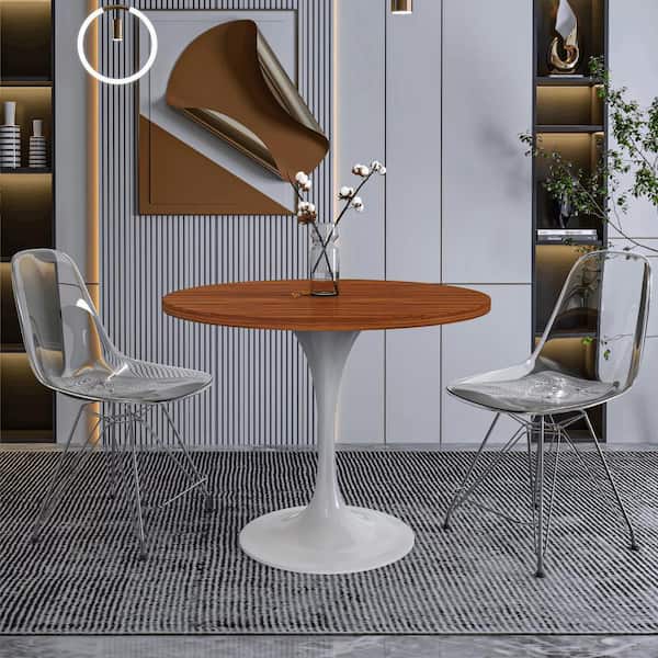Leisuremod Verve Modern Dining Table with a 36 in. Round MDF Wood Tabletop and White Steel Pedestal Base, Cognac Brown