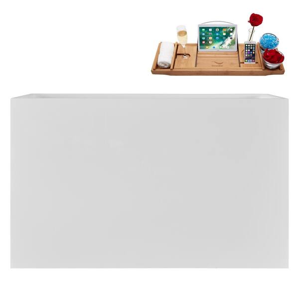 Streamline 47 in. x 28 in. Acrylic Freestanding Soaking Bathtub in Glossy White with Matte Oil Rubbed Bronze Drain, Bamboo Tray