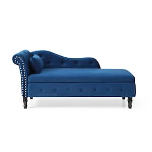 Blue Velvet Storage Chaise Lounge with Buttons Tufted and Nailhead Trimmed