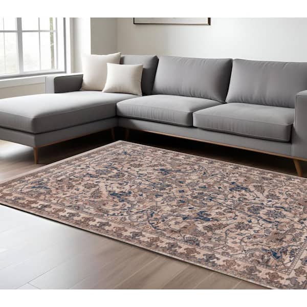 9 ft. x 13 ft. Tan And Blue Oriental Area Rug With Fringe