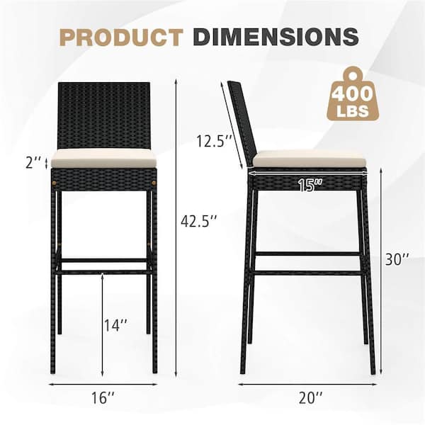 Wicker Outdoor Bar Stool Bar Height Chairs with Backyard Off-White Cushions (2-Pack)