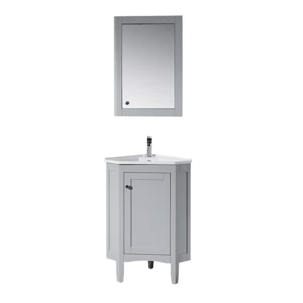 stufurhome Monte 25 in. W x 18 in. D Corner Vanity in Grey with Porcelain Vanity Top with White Basin and Mirror Cabinet