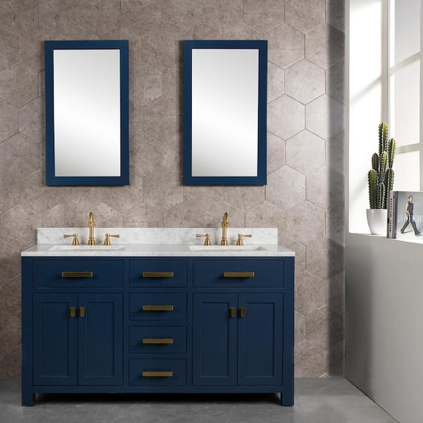 Water Creation Madison 60 in.W x 21.5 in.D x 34 in.H Double Sink Bath Vanity in Monarch Blue with Carrara White Marble Top and Faucets
