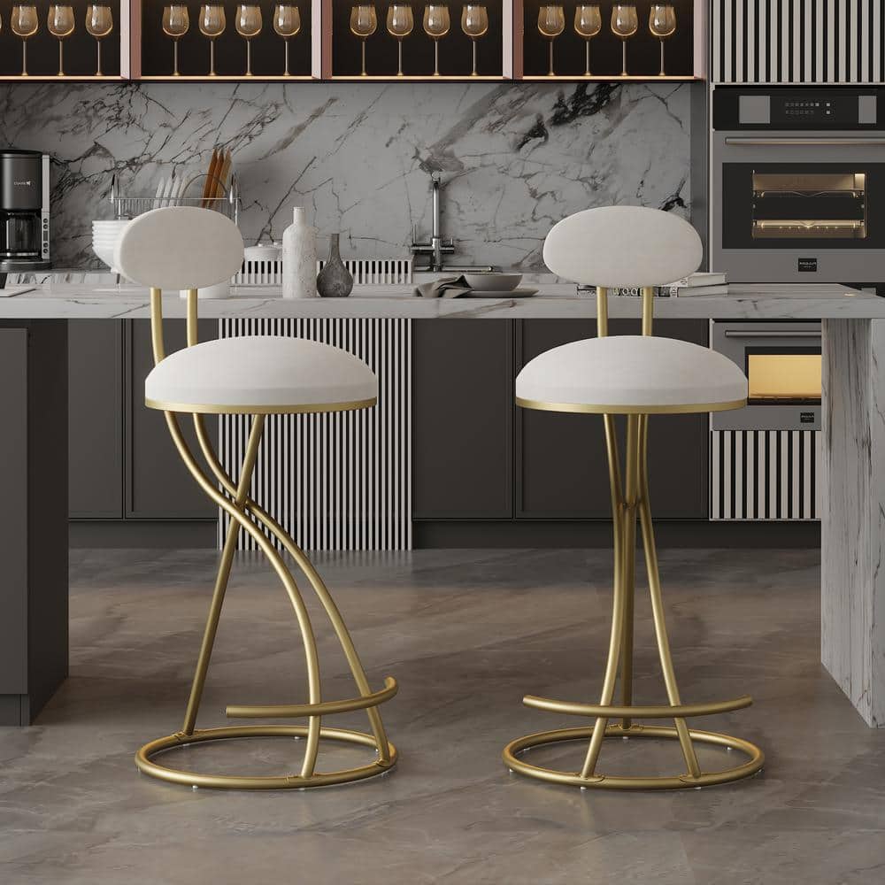 Gold Metal Round Outdoor Dining Chair with Creamy White Upholstered Cushion