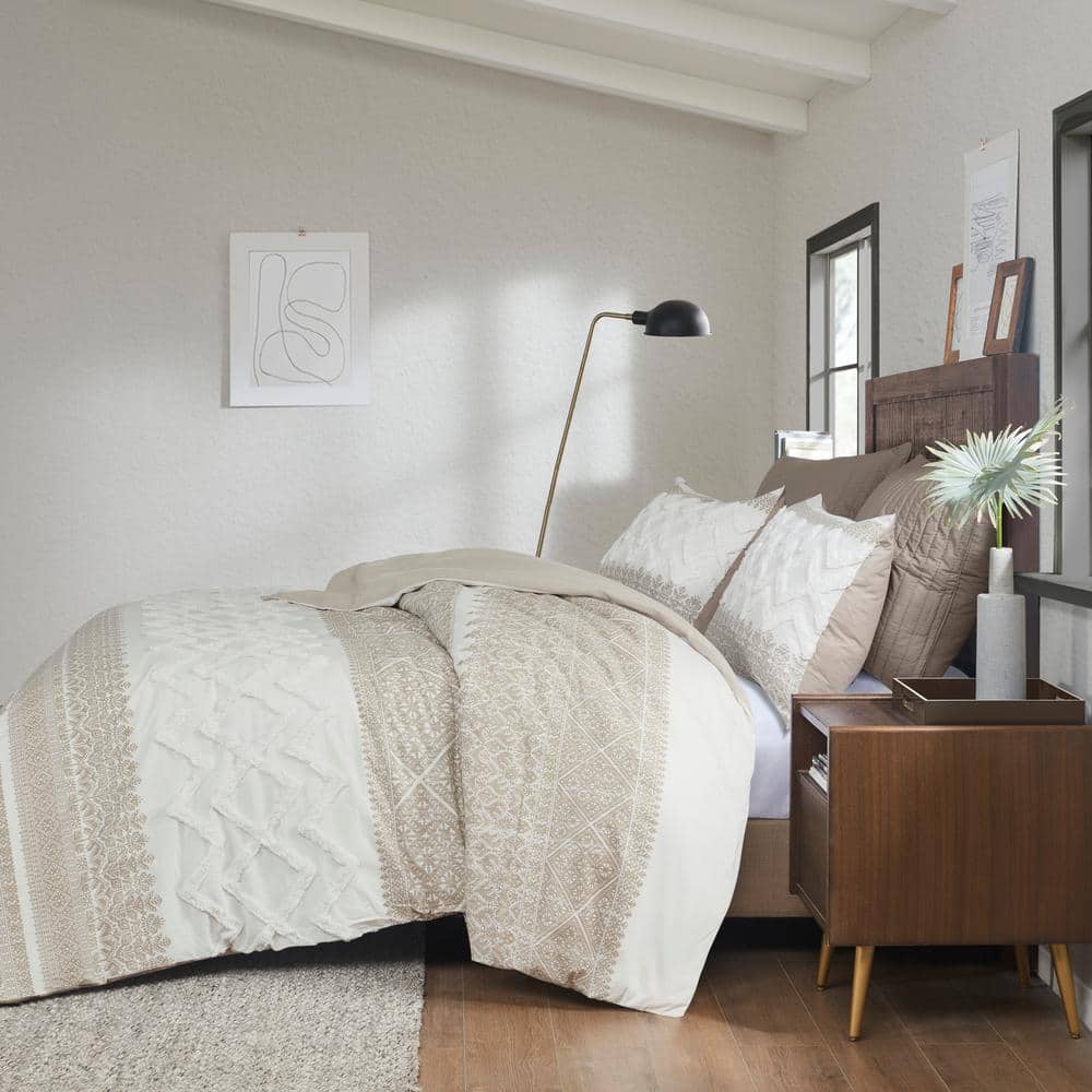 Mila Taupe Cotton Full/Queen Duvet Cover Set with Chenille