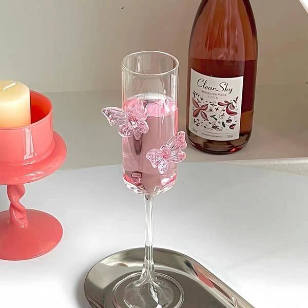 Wudkey 2-Piece 6 oz. Lead-Free Glass 3D Pink Butterfly Smooth Style Wine Champagne Glasses for Wine Cocktails