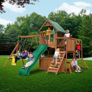 Knightsbridge Plus Complete Wooden Outdoor Playset with Monkey Bars, Slide, Rock Wall and Swing Set Accessories