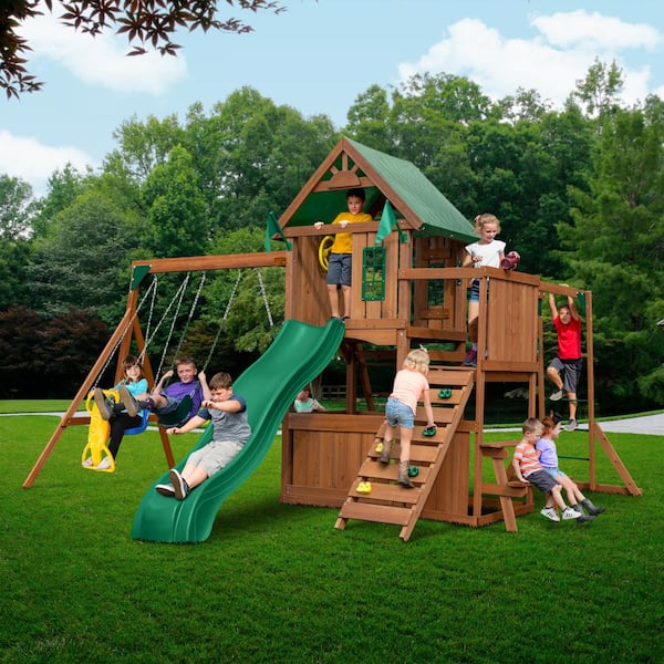 Swing-N-Slide Playsets Knightsbridge Plus Complete Wooden Outdoor Playset with Monkey Bars, Slide, Rock Wall and Swing Set Accessories