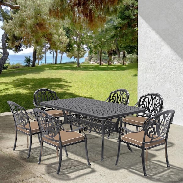 Elizabeth 7-Piece Cast Aluminum Outdoor Dining Set with 66.93 in. x 37.4 in. Rectangular Table and Brown Cushions