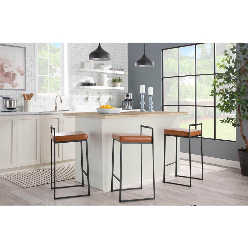 Fuji 31 in. Camel Faux Leather and Black Metal Stackable Counter Stool (Set of 3) price history on PriceWatchPro