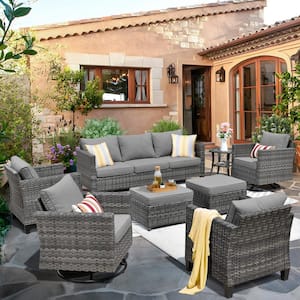 Neptune Gray 8-Piece Wicker Patio Conversation Seating Sofa Set with Dark Gray Cushions and Swivel Rocking Chairs