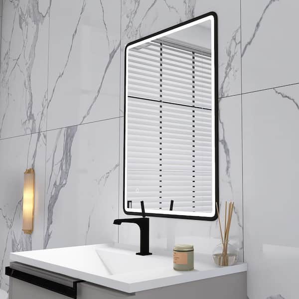 FAMYYT 24 in. W x 32 in. H Rectangular Frameless Anti-Fog LED Ligth Wall Bathroom Vanity Mirror in Black