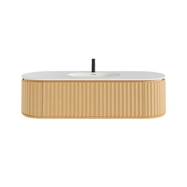 Eviva Haven 64 in. Single Sink Floating Natural Oak Bath Vanity with White Solid Surface Top (Assembled)