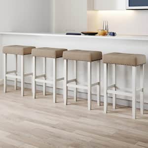 Hylie 29 in. Nailhead Wood Bar Height Kitchen Counter Backless Bar Stool, Natural Flax/White, Set of 4