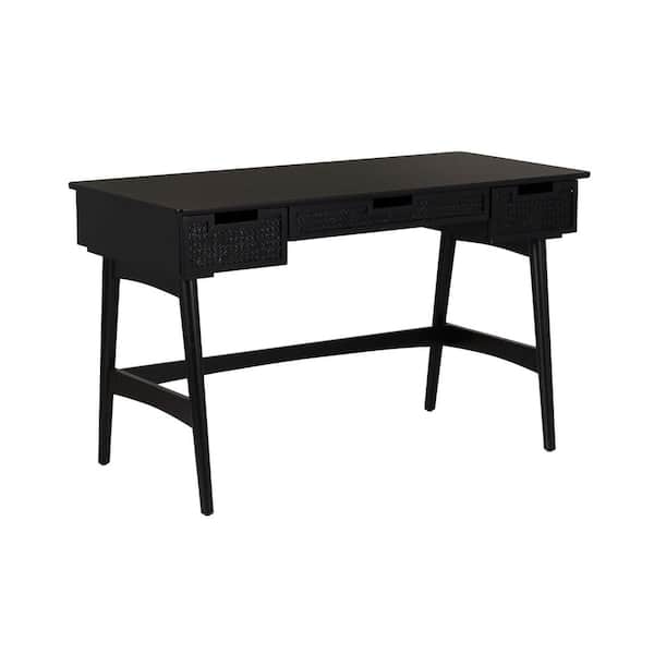 Linon Home Decor Merryn Rattan 50.94 in. W Rectangle Black Wood 3-Drawer Writing Desk
