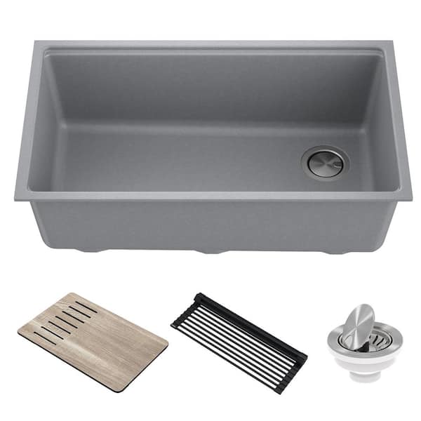 KRAUS Bellucci Gray Granite Composite 32 in. Single Bowl Undermount Workstation Kitchen Sink with Accessories