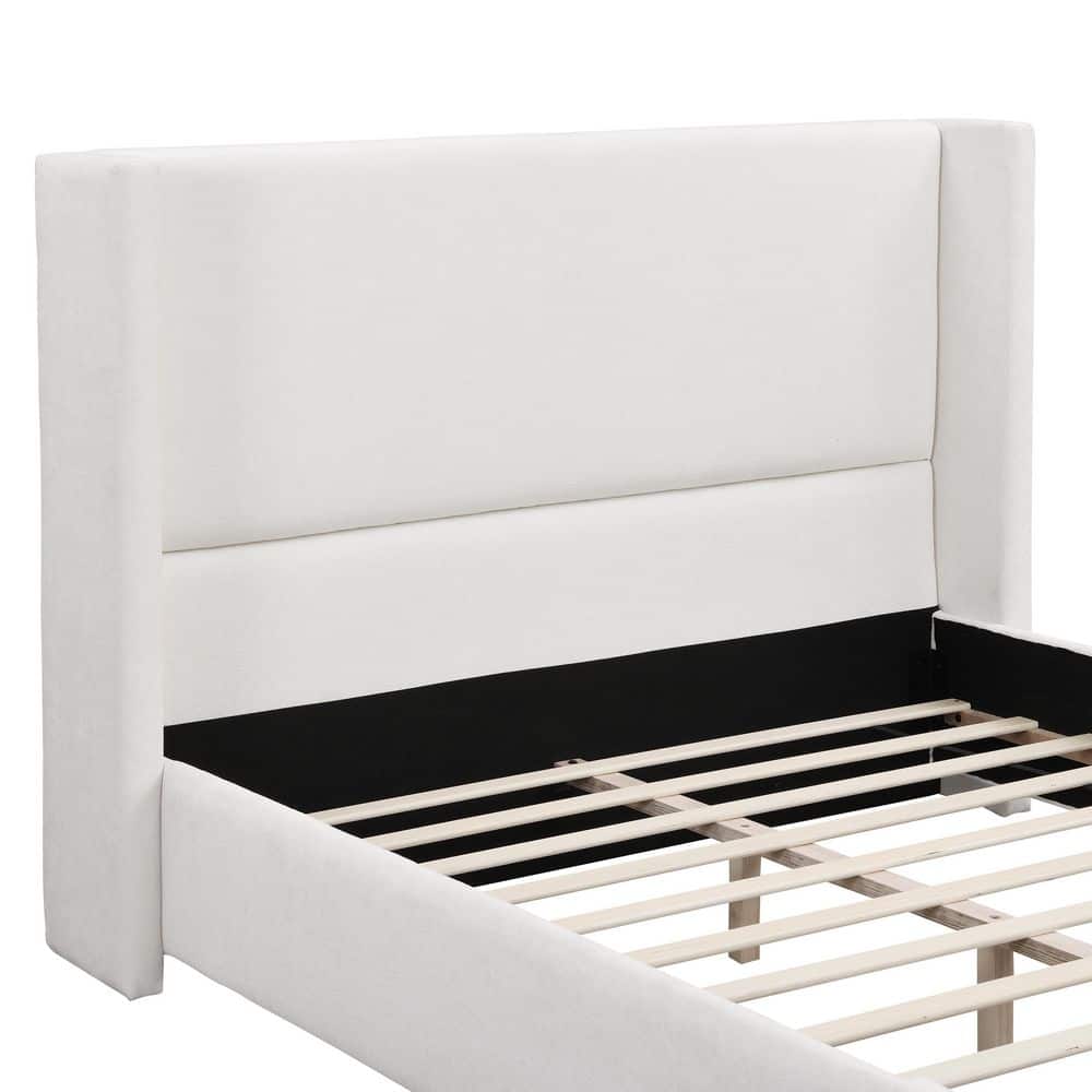 Elegant Modern White Fabric Upholstered Wood Frame King Size Platform Bed with Wingback Tall Headboard - thumbnail 6