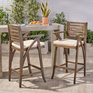 Hermosa Wood Outdoor Patio Bar Stool with Beige Cushion (2-Pack)