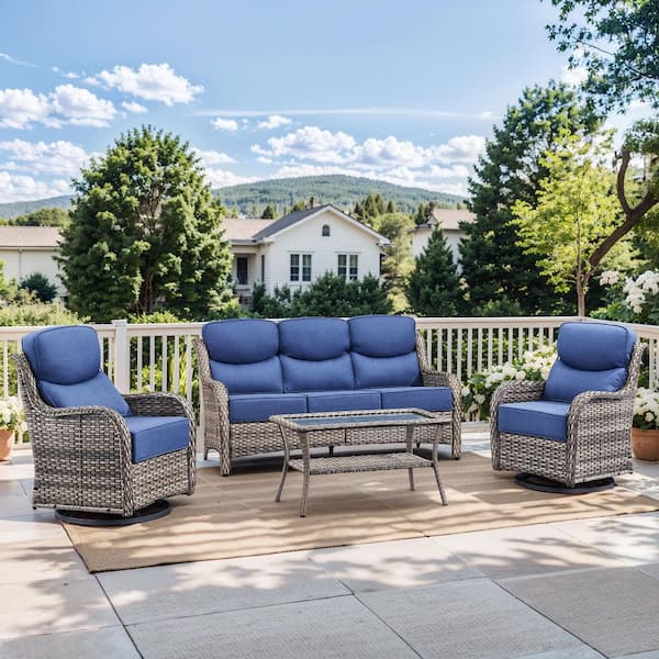 Crescent Gray Swivel Glider Wicker Patio Conversation Set with Blue Olefin 6 in. Thick Cushions/Coffee Table (4-Piece)