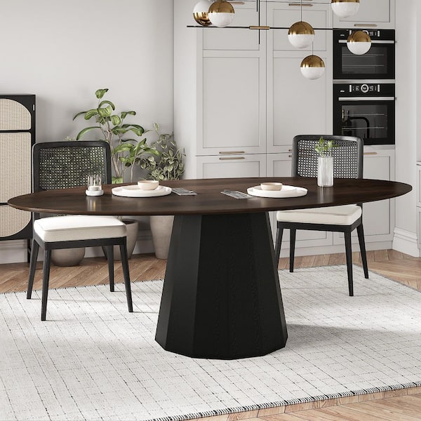 Modern Walnut and Black Solid Wood 67 in. Pedestal Dining Table Seats-6