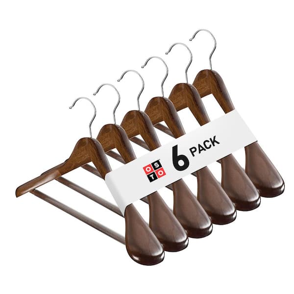 High-Grade Wide Shoulder Wooden Hangers 6 Pack with Non Slip Pants Bar - Smooth