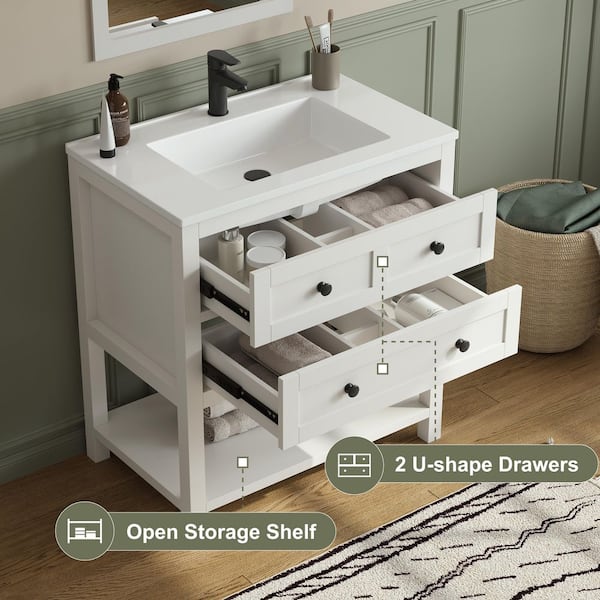 Shay 31 in. Single Sink White Bath Vanity with White Engineered Solid Surface Top and 2 Drawers (Unassembled)