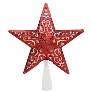 8.5 in. Red Glitter Star Cut-Out Design Christmas Tree Topper - Clear Lights