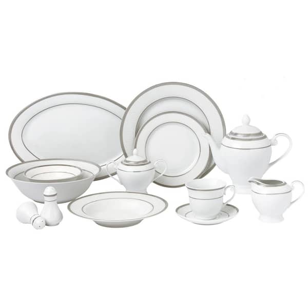 Lorren Home Trends 57-Piece Specialty Silver Border Porcelain Dinnerware Set (Service for 8)
