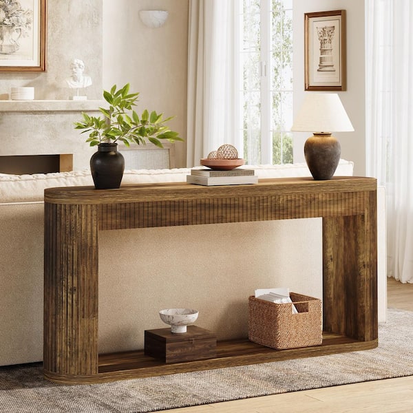 Benjamin 63 in. Vintage Rectangle Wood Fluted Console Table for Entryway, Long Sofa Table Behind Couch Table