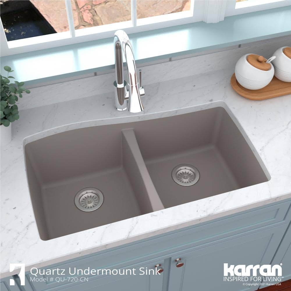 Concrete Gray Double Bowl Farmhouse Quartz Kitchen Sink Kit
