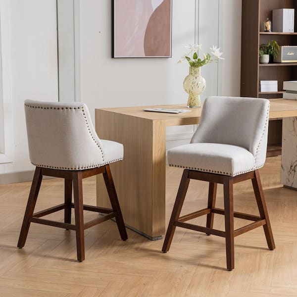 26 in. Beige Fabric Counter Height Swivel Barstools with Back for Kitchen & Dining Room (Set of 2)