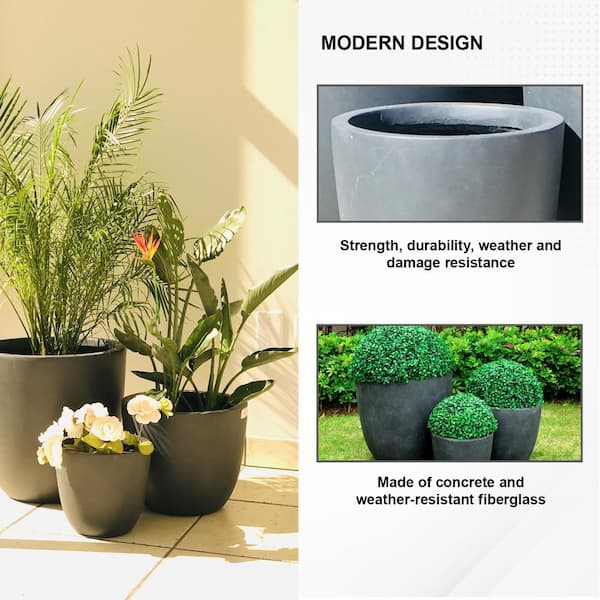 17 in. Tall Charcoal Lightweight Concrete Round Modern Seamless Outdoor Planter (Set of 3)