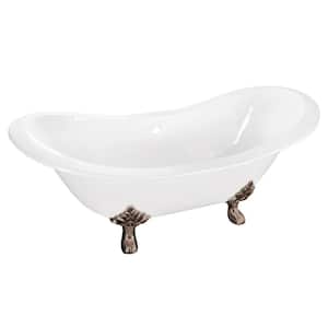 61 in. Cast Iron Double Slipper Clawfoot Bathtub in White with Feet in Brushed Nickel