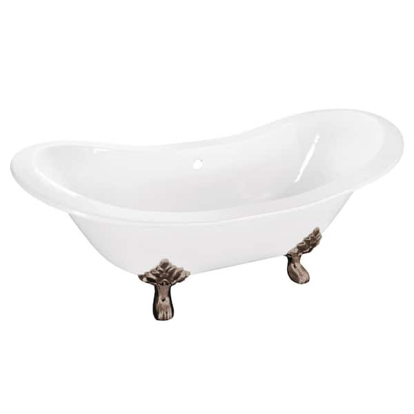 Aqua Eden 61 in. Cast Iron Double Slipper Clawfoot Bathtub in White with Feet in Brushed Nickel