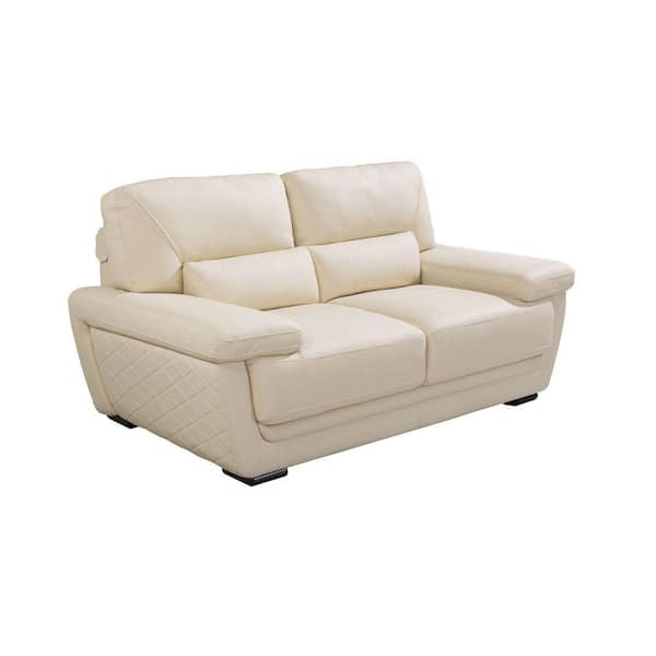 Benjara 71 in. Cream Diamond Pattern Leather 2-Seater Loveseat with Attached Waist Pillow and Diamond Pattern